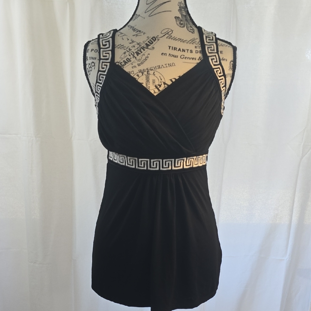 Black Sleeveless Top with Greek Key Trim